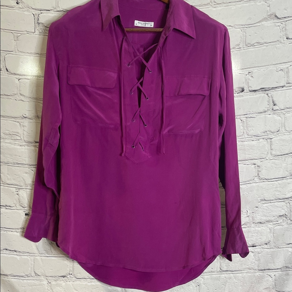 Equipment Femme Silk Purple Lace-Up Long Sleeve Blouse Size X-Small